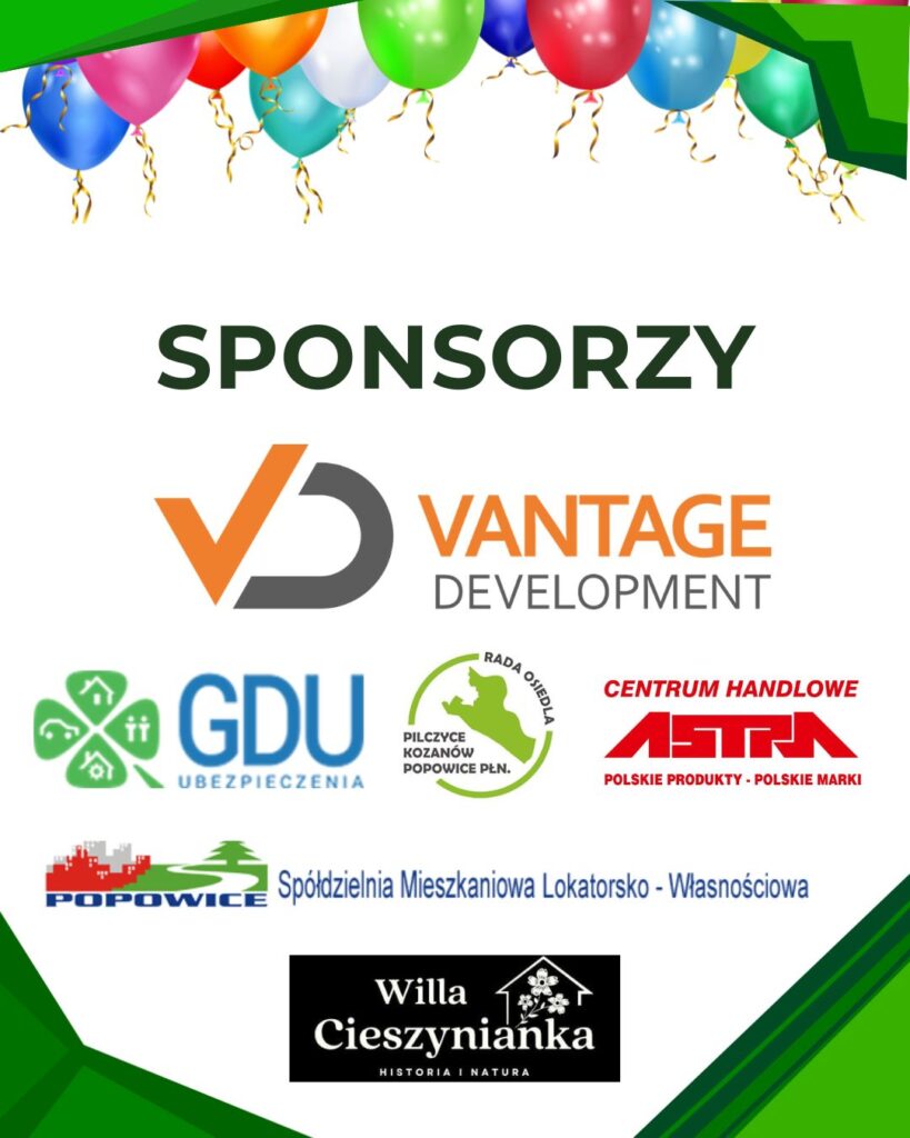 XI Festyn Rodzinny „U Oblatów” – oficjalne (i bardzo radosne!) podsumowanie Grafika z logotypami sponsorów pod nagłówkiem „SPONSORZY”, ozdobiona u góry kolorowymi balonami. Na liście sponsorów widoczne są znaki firmowe firm i instytucji: Vantage Development (główny logotyp), GDU Ubezpieczenia, Rada Osiedla Pilczyce Kozanów Popowice Płn., Centrum Handlowe Astra, Spółdzielnia Mieszkaniowa Lokatorsko-Własnościowa Popowice oraz Willa Cieszynianka.