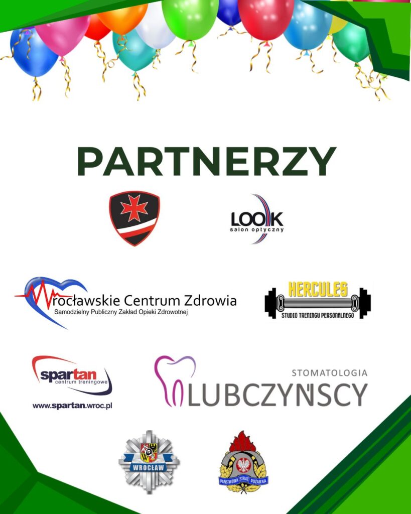 XI Festyn Rodzinny „U Oblatów” – oficjalne (i bardzo radosne!) podsumowanie Druga grafika z logotypami partnerów pod nagłówkiem „PARTNERZY”, z balonami u góry. Przedstawia logotypy instytucji medycznych, sportowych i służb ratunkowych: Look Salon Optyczny, Wrocławskie Centrum Zdrowia, Hercules Studio Treningu Personalnego, Spartan Centrum Treningowe, Stomatologia Lubczyńscy, a także godła i herby Wrocławia oraz Państwowej Straży Pożarnej.