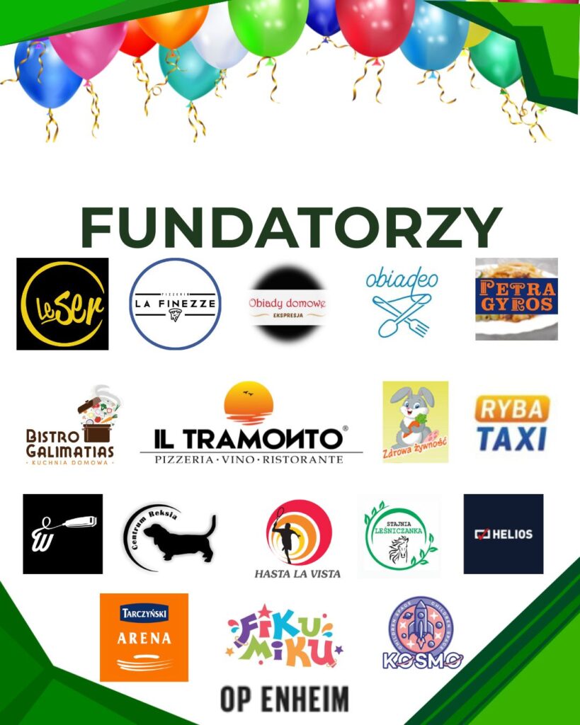 XI Festyn Rodzinny „U Oblatów” – oficjalne (i bardzo radosne!) podsumowanie Grafika z logotypami fundatorów pod nagłówkiem „FUNDATORZY”, ozdobiona u góry balonami. Zawiera logotypy lokalnych restauracji, kawiarni i punktów usługowych: leSer, Pizzeria La Finezze, Obiady Domowe Ekspresja, obiadeo, Petra Gyros, Bistro Galimatias, Il Tramonto Pizzeria Vino Ristorante, Zdrowa Żywność, Ryba Taxi, Centrum Reksia, Hasta La Vista, Stajnia Leśniczanka, Kino Helios, Tarczyński Arena, Fiku Miku oraz Kosmo Children Space. Na samym dole widnieje napis „OP ENHEIM” - muzeum we Wrocławiu.